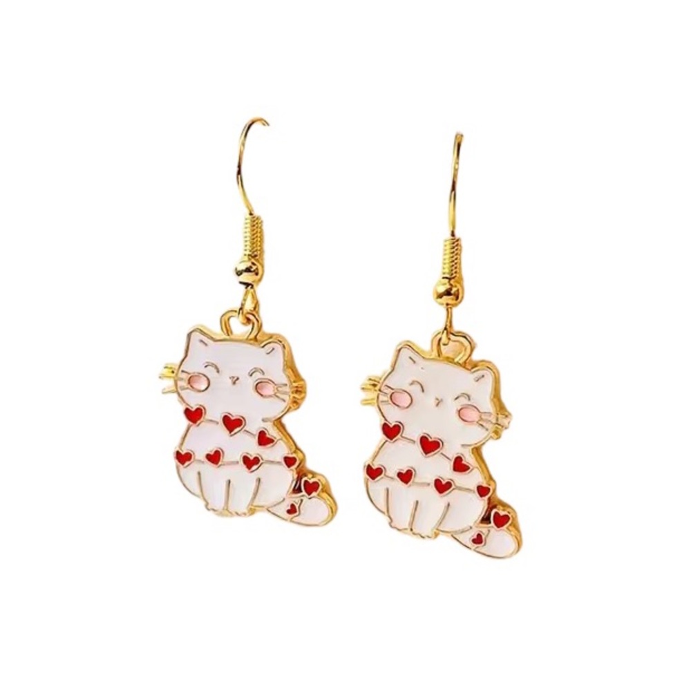 Whimsical Enamel White Cat Wrapped in Red Hearts Earrings